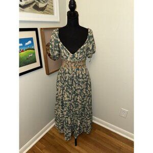 Free People Ellie Printed Floral Boho Smocked Tiered Maxi Dress Size Small Green